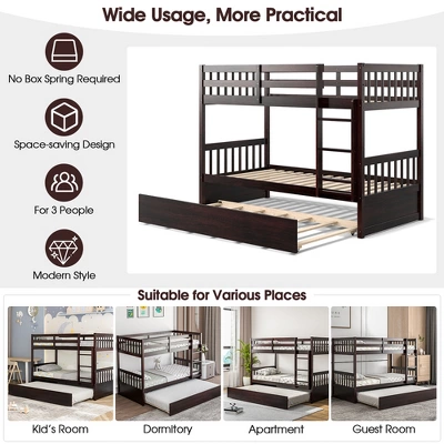 Costway Twin Over Twin Bunk Bed With Twin Trundle Solid Wood Frame Espresso/White - Image 8