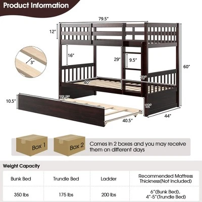 Costway Twin Over Twin Bunk Bed With Twin Trundle Solid Wood Frame Espresso/White - Image 2