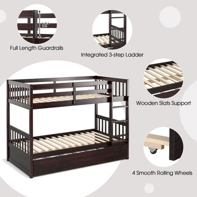 Costway Twin Over Twin Bunk Bed With Twin Trundle Solid Wood Frame Espresso/White - Image 5