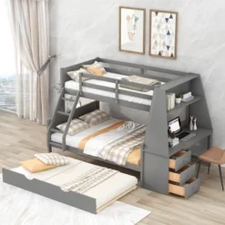Twin Over Full Bunk Bed With Trundle, Built-in Desk, Three Storage Drawers And Shelf-ModernLuxe