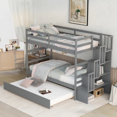 Twin Over Twin Bunk Bed With Trundle, Stairs And Storage Shelves-ModernLuxe - Image 3