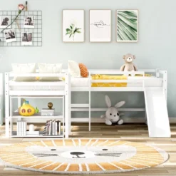 Twin Size L-Shaped Loft Bed With Movable Two-Tier Shelves And Slide - ModernLuxe