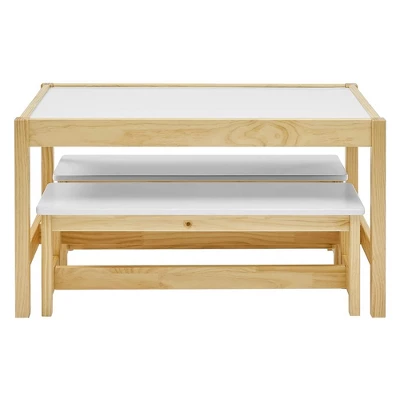 MUSEHOMEINC Solid Wood 3 In 1 Kids Toddlers Activity Play Arts And Crafts Table And Bench Chair Set With Whiteboard Surface For Playroom And School