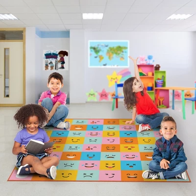 Deerlux 6 Ft. Social Distancing Colorful Kids Classroom Seating Area Rug, Emoji Mask Design - Image 2