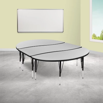 Emma And Oliver 3 Piece 86" Oval Wave Collaborative Grey Kids Adjustable Activity Table Set