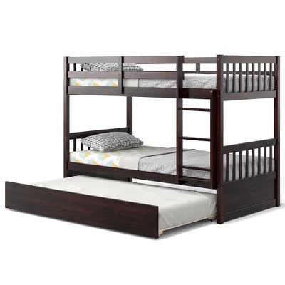 Costway Twin Over Twin Bunk Bed With Twin Trundle Solid Wood Frame Espresso/White - Image 10