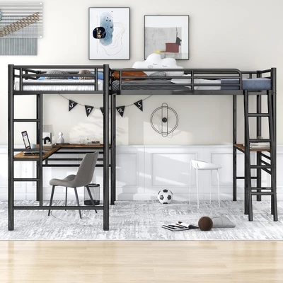 Metal Twin Size Loft Bed With Two Built-in Desks, Black - ModernLuxe
