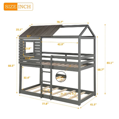 Twin Over Twin Wood Bunk Bed With Roof, Window, Guardrail, Ladder Gray-ModernLuxe - Image 2