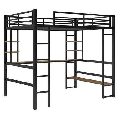 Full Size Metal Loft Bed With Long Desk And Shelves, Black - ModernLuxe - Image 4
