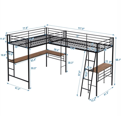 Metal Twin Size Loft Bed With Two Built-in Desks, Black - ModernLuxe - Image 3