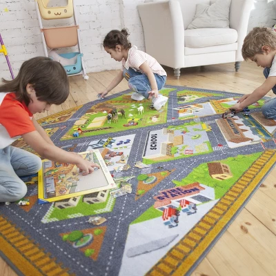 KC CUBS Boy & Girl Kids Country Farm Road W/ Construction Vehicle Car Traffic Educational Learning & Game Nursery Classroom Rug Carpet - Image 2