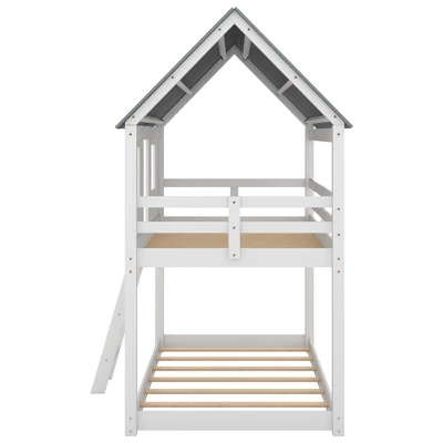 Twin Over Twin Low Bunk Beds With House Shaped Roof And Guardrail, White-ModernLuxe - Image 7