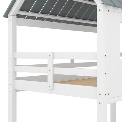 Twin Over Twin Low Bunk Beds With House Shaped Roof And Guardrail, White-ModernLuxe - Image 11