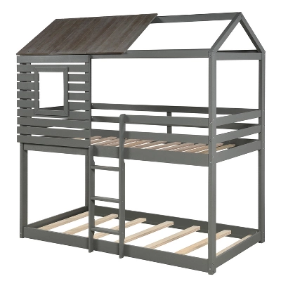 Twin Over Twin Wood Bunk Bed With Roof, Window, Guardrail, Ladder Gray-ModernLuxe - Image 3
