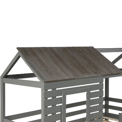 Twin Over Twin Wood Bunk Bed With Roof, Window, Guardrail, Ladder Gray-ModernLuxe - Image 9