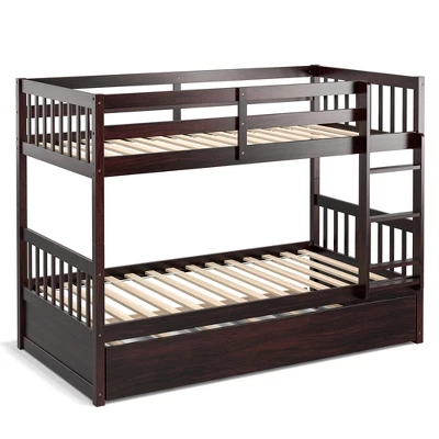 Costway Twin Over Twin Bunk Bed With Twin Trundle Solid Wood Frame Espresso/White - Image 9