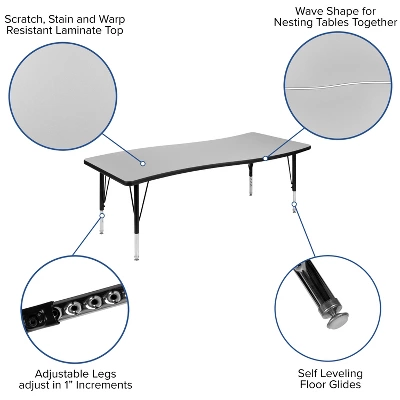 Emma And Oliver 3 Piece 86" Oval Wave Collaborative Grey Kids Adjustable Activity Table Set - Image 6