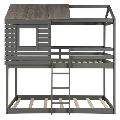 Twin Over Twin Wood Bunk Bed With Roof, Window, Guardrail, Ladder Gray-ModernLuxe - Image 4