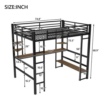 Full Size Metal Loft Bed With Long Desk And Shelves, Black - ModernLuxe - Image 3