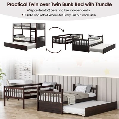 Costway Twin Over Twin Bunk Bed With Twin Trundle Solid Wood Frame Espresso/White - Image 6