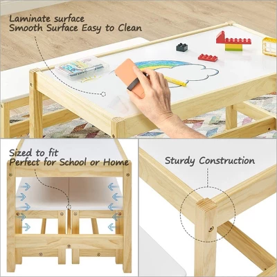 MUSEHOMEINC Solid Wood 3 In 1 Kids Toddlers Activity Play Arts And Crafts Table And Bench Chair Set With Whiteboard Surface For Playroom And School - Image 3