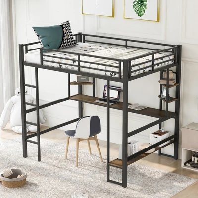 Full Size Metal Loft Bed With Long Desk And Shelves, Black - ModernLuxe - Image 2