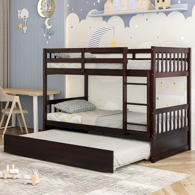 Costway Twin Over Twin Bunk Bed With Twin Trundle Solid Wood Frame Espresso/White - Image 3