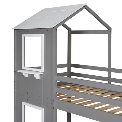 Twin Over Twin Wood Bunk Bed With Roof, Window, Guardrail, And Ladder-ModernLuxe - Image 9
