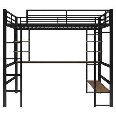 Full Size Metal Loft Bed With Long Desk And Shelves, Black - ModernLuxe - Image 5