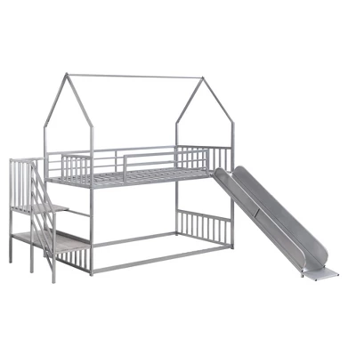 Twin Over Twin Metal Bunk Bed House Bed With Slide And Staircase-ModernLuxe - Image 6