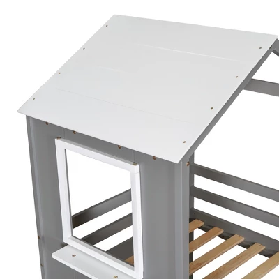 Twin Over Twin Wood Bunk Bed With Roof, Window, Guardrail, And Ladder-ModernLuxe - Image 7