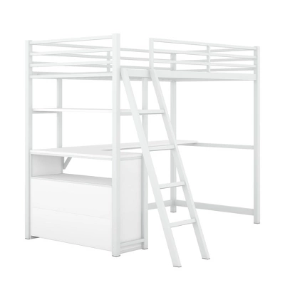 Twin Size Metal Loft Bed With Desk, Shelves And Two Built-in Drawers - ModernLuxe - Image 4