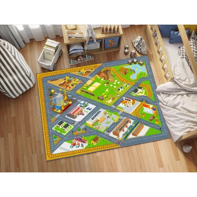KC CUBS Boy & Girl Kids Country Farm Road W/ Construction Vehicle Car Traffic Educational Learning & Game Nursery Classroom Rug Carpet