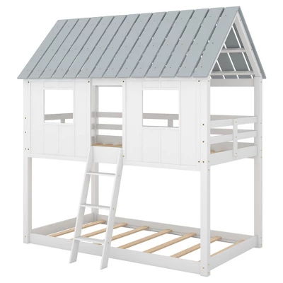 Twin Over Twin Low Bunk Beds With House Shaped Roof And Guardrail, White-ModernLuxe - Image 3