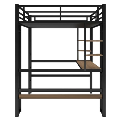Full Size Metal Loft Bed With Long Desk And Shelves, Black - ModernLuxe - Image 7