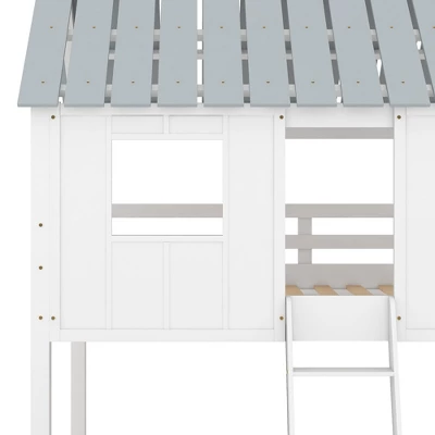 Twin Over Twin Low Bunk Beds With House Shaped Roof And Guardrail, White-ModernLuxe - Image 10