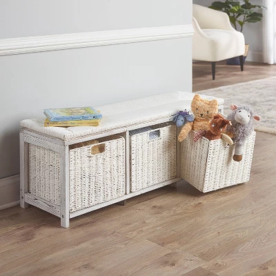 Badger Basket Kid's Storage Bench With Woven Top And Baskets White - Image 2