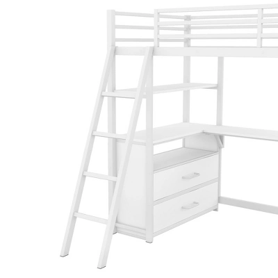 Twin Size Metal Loft Bed With Desk, Shelves And Two Built-in Drawers - ModernLuxe - Image 9
