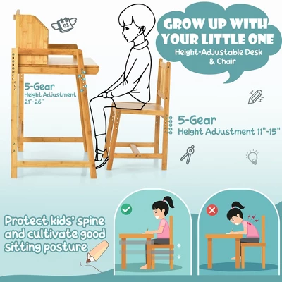 Costway Bamboo Kids Study Desk And Chair Set Height Adjustable Home School W/ Bookshelf - Image 8