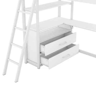 Twin Size Metal Loft Bed With Desk, Shelves And Two Built-in Drawers - ModernLuxe - Image 10
