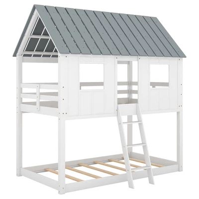 Twin Over Twin Low Bunk Beds With House Shaped Roof And Guardrail, White-ModernLuxe - Image 6