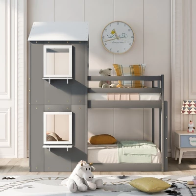 Twin Over Twin Wood Bunk Bed With Roof, Window, Guardrail, And Ladder-ModernLuxe