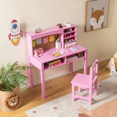 Costway Kids Desk And Chair Set Study Writing Workstation With Hutch & Bulletin Board - Image 3