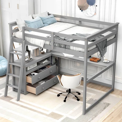 Full Size Loft Bed With Desk, Shelf And Two Built-in Drawers - ModernLuxe - Image 11