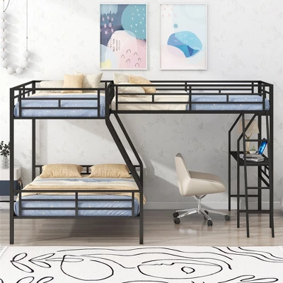 Twin Over Full Metal Bunk Bed With Twin Size Loft Bed And Desk, Black - ModernLuxe - Image 2