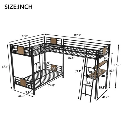 L-Shaped Twin Over Twin Bunk Bed With Twin Size Loft Bed With Desk And Shelf , Brown - ModernLuxe - Image 3