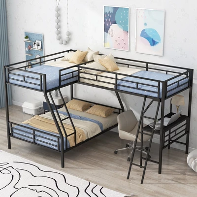 Twin Over Full Metal Bunk Bed With Twin Size Loft Bed And Desk, Black - ModernLuxe