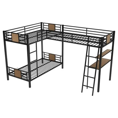 L-Shaped Twin Over Twin Bunk Bed With Twin Size Loft Bed With Desk And Shelf , Brown - ModernLuxe - Image 5