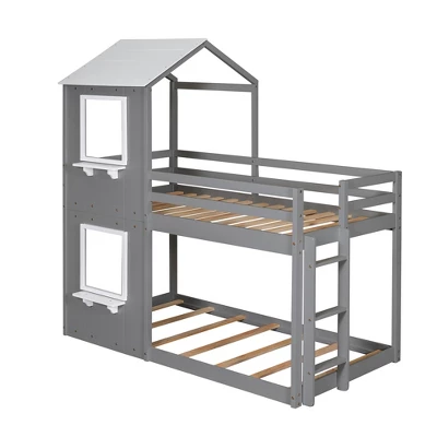 Twin Over Twin Wood Bunk Bed With Roof, Window, Guardrail, And Ladder-ModernLuxe - Image 2