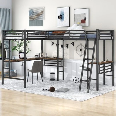 Metal Twin Size Loft Bed With Two Built-in Desks, Black - ModernLuxe - Image 2